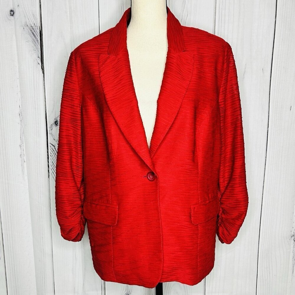 Chico's Womens Red Textured One-Button Ruched Sleeve Blazer Size 2 Large